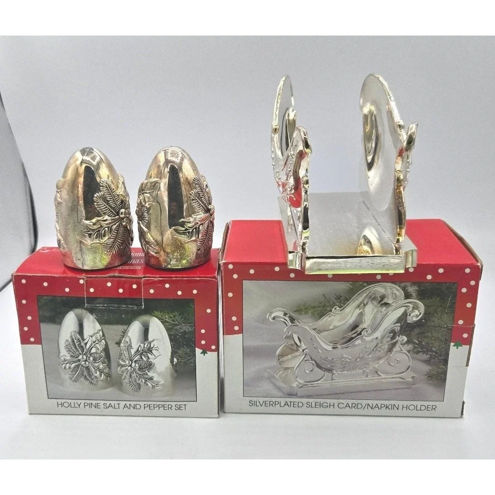 International Silver Co. Christmas Sleigh Napkin Holder & Holly Shakers